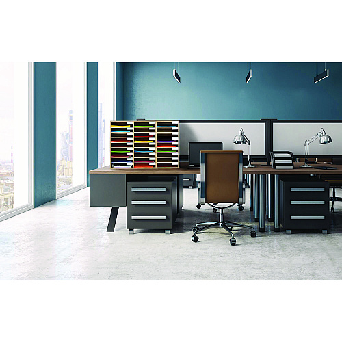 AdirOffice Wooden 27 Compartment Literature Organizer, 27 Sections, Letter Size, 31.49 x 11.81 x 21.65, Medium Oak (IOF20101MEO)