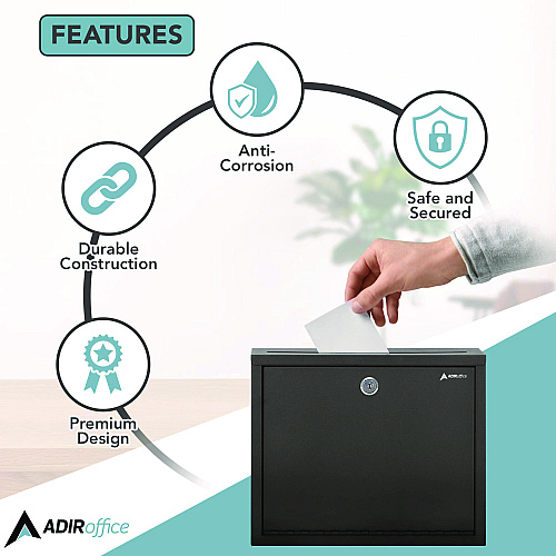 AdirOffice Large Size Steel Multi-Purpose Secure Drop Box, 12 x 3 x 10, Black (I63103BLK)