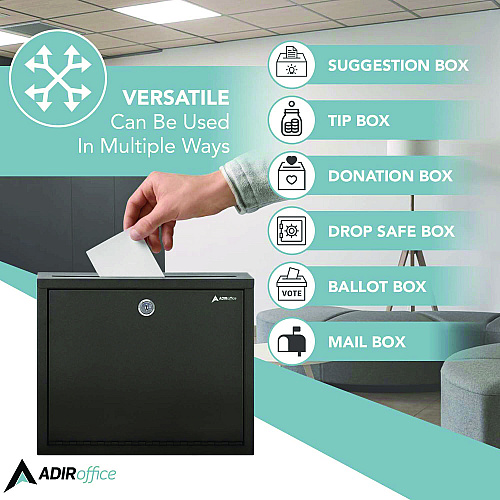 AdirOffice Large Size Steel Multi-Purpose Secure Drop Box, 12 x 3 x 10, Black (I63103BLK)