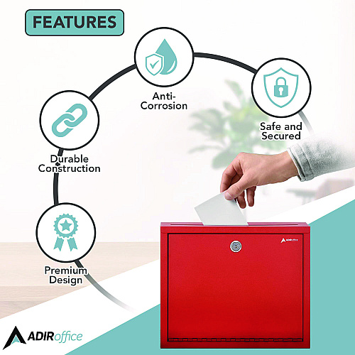 AdirOffice Large Size Steel Multi-Purpose Secure Drop Box, 12 x 3 x 10, Red (I63103RED)