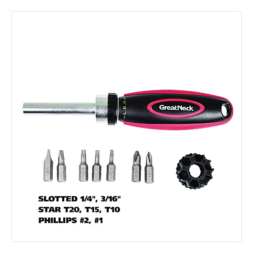 Great Neck Ratcheting Screw/Nut Driver Set, Phillips/Slotted/Star Bits, 7" Long, Black/Red (950DE)