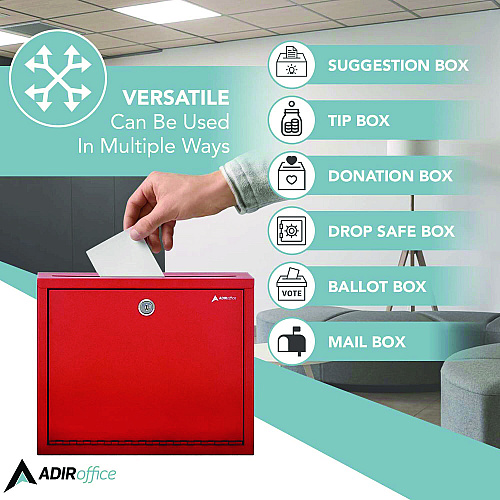 AdirOffice Large Size Steel Multi-Purpose Secure Drop Box, 12 x 3 x 10, Red (I63103RED)