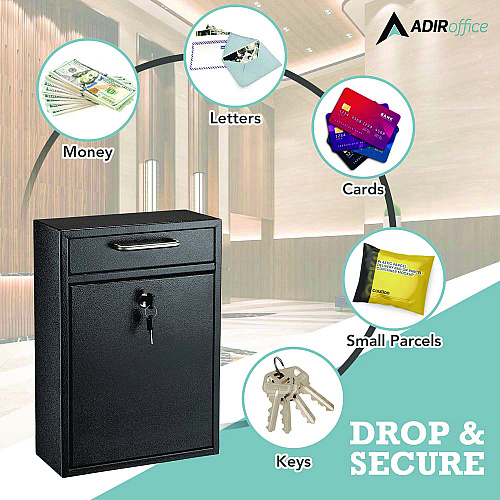 AdirOffice Large Ultimate Secure Drop Box Wall Mounted Mail Box, 11.2 x 4.7 x 16.2, Black (I63104BLK)