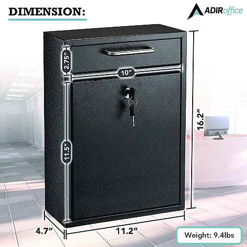 AdirOffice Large Ultimate Secure Drop Box Wall Mounted Mail Box, 11.2 x 4.7 x 16.2, Black (I63104BLK)