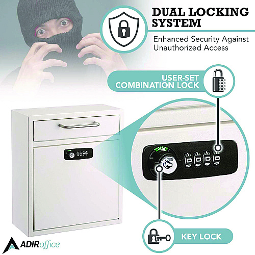 AdirOffice Medium Secure Drop Box Wall Mounted Locking Mail Box with Key and Combination Lock, 10.51 x 4.72 x 12, White (I63105WHIKC)