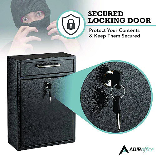 AdirOffice Large Ultimate Secure Drop Box Wall Mounted Mail Box, 11.2 x 4.7 x 16.2, Black (I63104BLK)