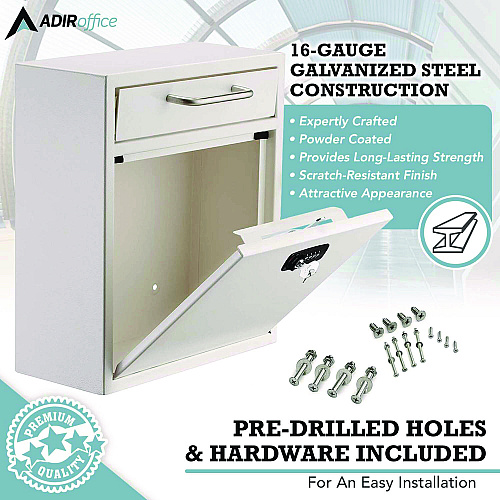 AdirOffice Medium Secure Drop Box Wall Mounted Locking Mail Box with Key and Combination Lock, 10.51 x 4.72 x 12, White (I63105WHIKC)