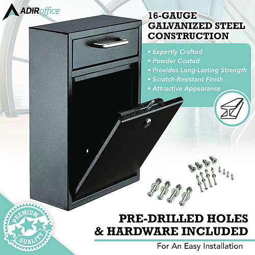AdirOffice Large Ultimate Secure Drop Box Wall Mounted Mail Box, 11.2 x 4.7 x 16.2, Black (I63104BLK)