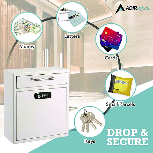 AdirOffice Medium Secure Drop Box Wall Mounted Locking Mail Box with Key and Combination Lock, 10.51 x 4.72 x 12, White (I63105WHIKC)