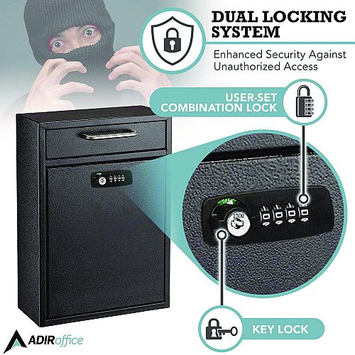 AdirOffice Large Secure Drop Box Wall Mounted Locking Mail Box with Key and Combination lock, 11.2 x 4.7 x 16.2, Black (I63104BLKKC)