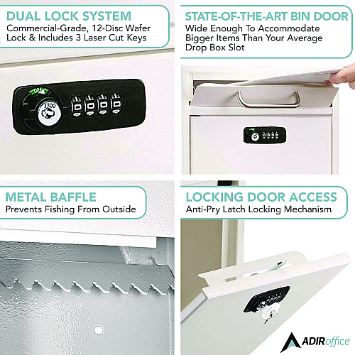 AdirOffice Medium Secure Drop Box Wall Mounted Locking Mail Box with Key and Combination Lock, 10.51 x 4.72 x 12, White (I63105WHIKC)