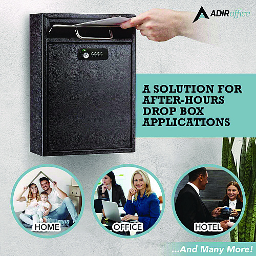 AdirOffice Large Secure Drop Box Wall Mounted Locking Mail Box with Key and Combination lock, 11.2 x 4.7 x 16.2, Black (I63104BLKKC)