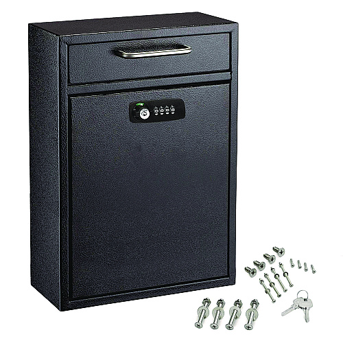 AdirOffice Large Secure Drop Box Wall Mounted Locking Mail Box with Key and Combination lock, 11.2 x 4.7 x 16.2, Black (I63104BLKKC)