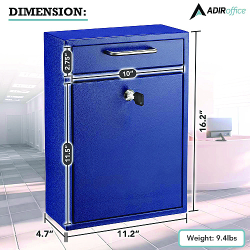 AdirOffice Large Ultimate Secure Drop Box Wall Mounted Mail Box, 11.2 x 4.7 x 16.2, Blue (I63104BLU)