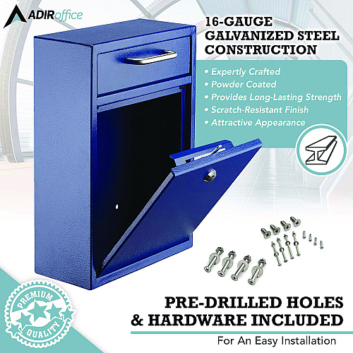 AdirOffice Large Ultimate Secure Drop Box Wall Mounted Mail Box, 11.2 x 4.7 x 16.2, Blue (I63104BLU)