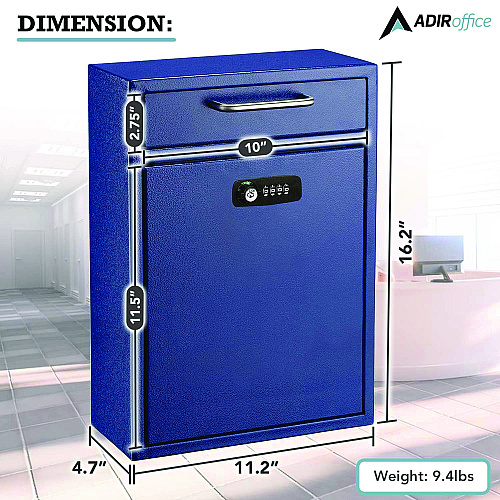 AdirOffice Large Secure Drop Box Wall Mounted Locking Mail Box with Key and Combination lock, 11.2 x 4.7 x 16.2, Blue (I63104BLUKC)