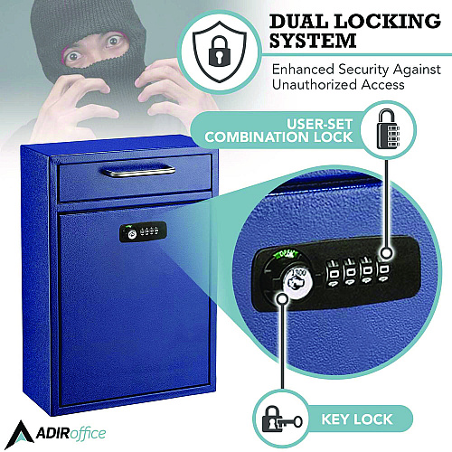 AdirOffice Large Secure Drop Box Wall Mounted Locking Mail Box with Key and Combination lock, 11.2 x 4.7 x 16.2, Blue (I63104BLUKC)