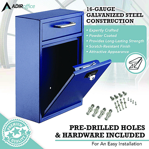 AdirOffice Large Secure Drop Box Wall Mounted Locking Mail Box with Key and Combination lock, 11.2 x 4.7 x 16.2, Blue (I63104BLUKC)