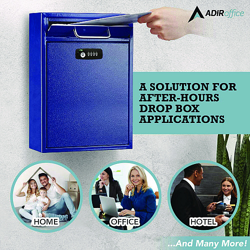 AdirOffice Large Secure Drop Box Wall Mounted Locking Mail Box with Key and Combination lock, 11.2 x 4.7 x 16.2, Blue (I63104BLUKC)