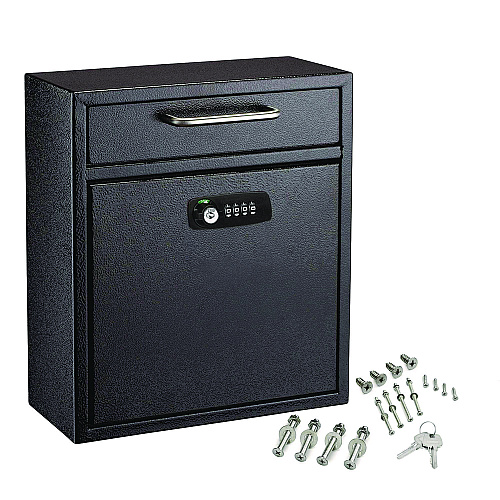AdirOffice Medium Secure Drop Box Wall Mounted Locking Mail Box with Key and Combination Lock, 10.51 x 4.72 x 12, Black (I63105BLKKC)
