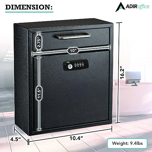 AdirOffice Medium Secure Drop Box Wall Mounted Locking Mail Box with Key and Combination Lock, 10.51 x 4.72 x 12, Black (I63105BLKKC)
