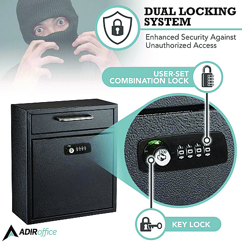AdirOffice Medium Secure Drop Box Wall Mounted Locking Mail Box with Key and Combination Lock, 10.51 x 4.72 x 12, Black (I63105BLKKC)