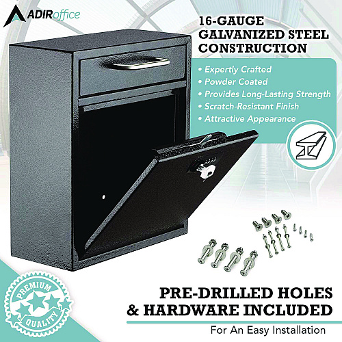 AdirOffice Medium Secure Drop Box Wall Mounted Locking Mail Box with Key and Combination Lock, 10.51 x 4.72 x 12, Black (I63105BLKKC)