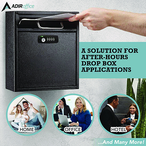 AdirOffice Medium Secure Drop Box Wall Mounted Locking Mail Box with Key and Combination Lock, 10.51 x 4.72 x 12, Black (I63105BLKKC)