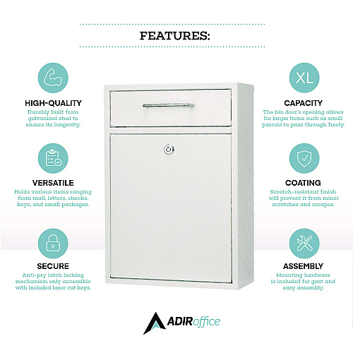 AdirOffice Large Ultimate Secure Drop Box Wall Mounted Mail Box, 11.2 x 4.7 x 16.2, White (I63104WHI)