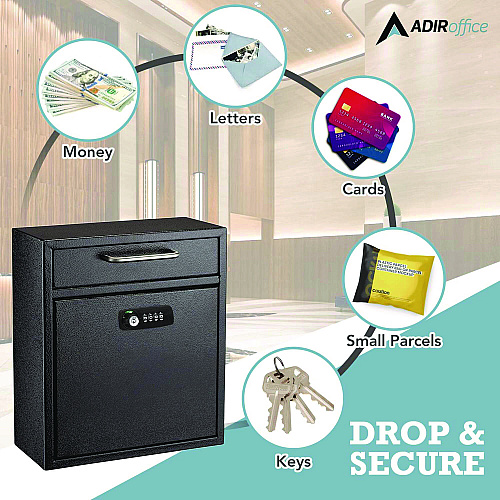 AdirOffice Medium Secure Drop Box Wall Mounted Locking Mail Box with Key and Combination Lock, 10.51 x 4.72 x 12, Black (I63105BLKKC)