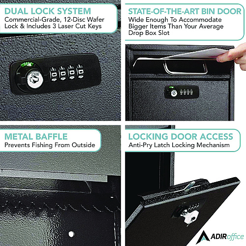 AdirOffice Medium Secure Drop Box Wall Mounted Locking Mail Box with Key and Combination Lock, 10.51 x 4.72 x 12, Black (I63105BLKKC)