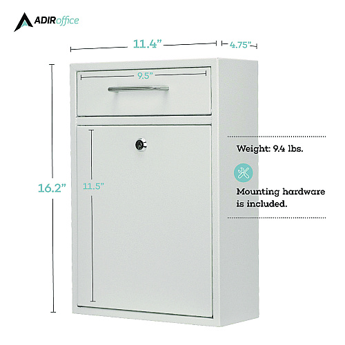 AdirOffice Large Ultimate Secure Drop Box Wall Mounted Mail Box, 11.2 x 4.7 x 16.2, White (I63104WHI)