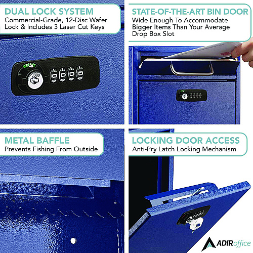 AdirOffice Medium Secure Drop Box Wall Mounted Locking Mail Box with Key and Combination Lock, 10.51 x 4.72 x 12, Blue (I63105BLUKC)