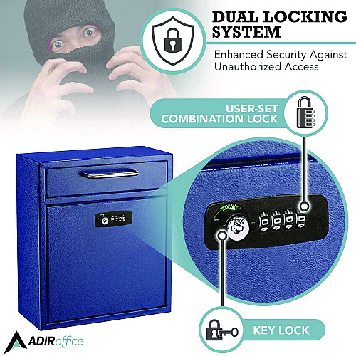 AdirOffice Medium Secure Drop Box Wall Mounted Locking Mail Box with Key and Combination Lock, 10.51 x 4.72 x 12, Blue (I63105BLUKC)