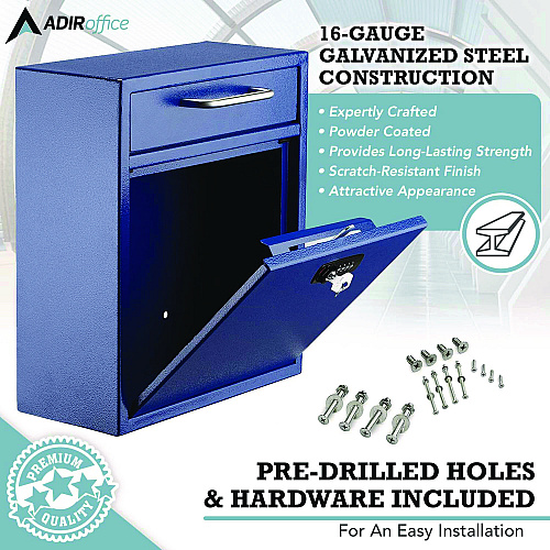 AdirOffice Medium Secure Drop Box Wall Mounted Locking Mail Box with Key and Combination Lock, 10.51 x 4.72 x 12, Blue (I63105BLUKC)