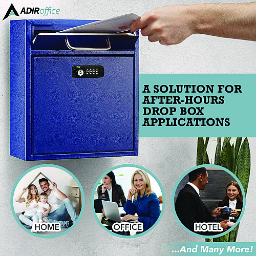AdirOffice Medium Secure Drop Box Wall Mounted Locking Mail Box with Key and Combination Lock, 10.51 x 4.72 x 12, Blue (I63105BLUKC)