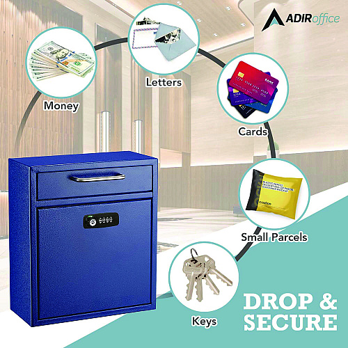 AdirOffice Medium Secure Drop Box Wall Mounted Locking Mail Box with Key and Combination Lock, 10.51 x 4.72 x 12, Blue (I63105BLUKC)