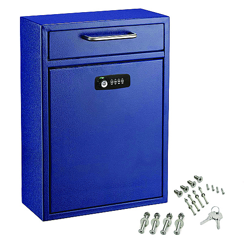 AdirOffice Large Secure Drop Box Wall Mounted Locking Mail Box with Key and Combination lock, 11.2 x 4.7 x 16.2, Blue (I63104BLUKC)