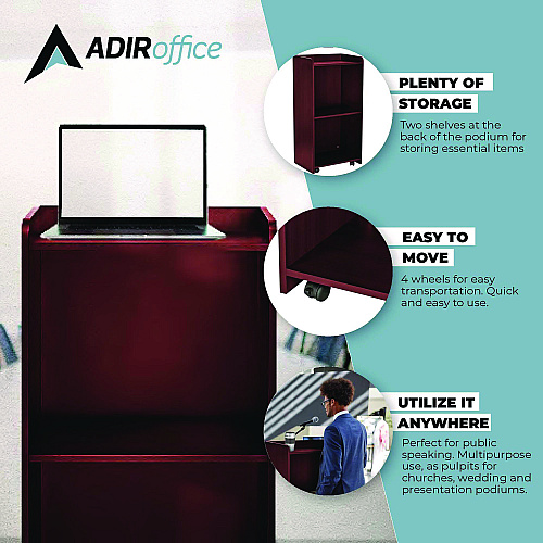 AdirOffice Wood Mobile Presentation Lectern Speaker Stand with Shelves, 22.44 x 16.53 x 45.98, Mahogany (I66107MA)