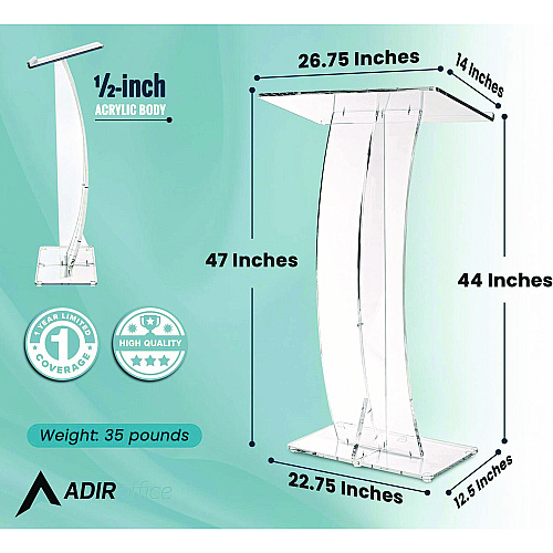 AdirOffice Acrylic Slanted Podium Lectern Speaker Stand, 26.75 x 12.5 x 47, Clear (I66103CLR)