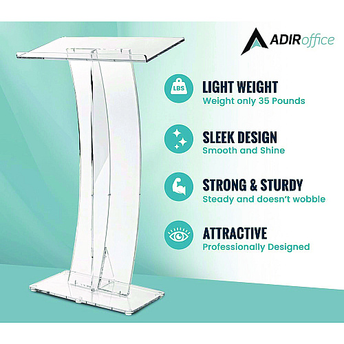 AdirOffice Acrylic Slanted Podium Lectern Speaker Stand, 26.75 x 12.5 x 47, Clear (I66103CLR)