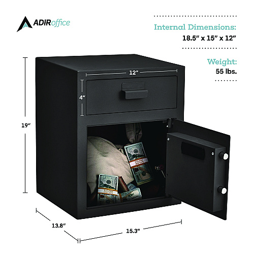 AdirOffice 1.1 cu ft Steel Digital Secure Money Deposit Safe with Digital keypad, 15.3 x 13.5 x 19, Black (I670200BLK)