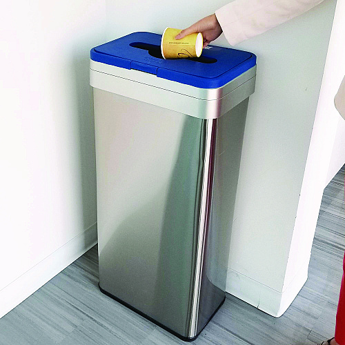 HLS Commercial Open Top Recycle Bin with Color-Coded Lid, 21 gal, Plastic/Stainless Steel, Silver/Blue (HLS21UOTREC)