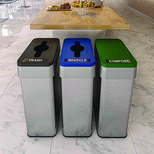 HLS Commercial Open Top Trash Can/Recycle Bin/Compost Bin w/Color-Coded Lids Set, 21 gal, Plastic/Stainless Steel, Silver/Black/Blue/Green (HLS21UOTTRIO)