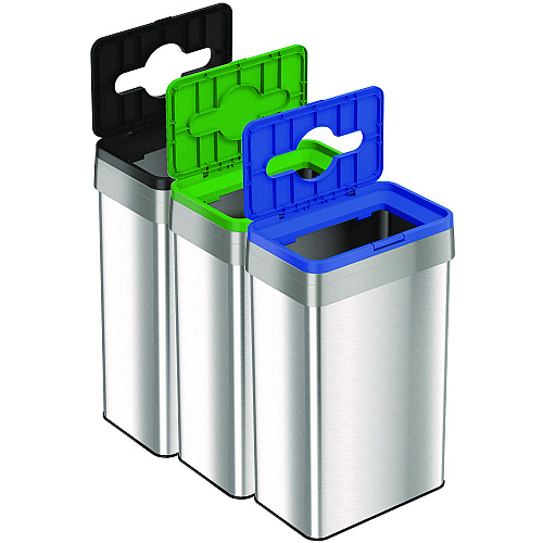 HLS Commercial Open Top Trash Can/Recycle Bin/Compost Bin w/Color-Coded Lids Set, 21 gal, Plastic/Stainless Steel, Silver/Black/Blue/Green (HLS21UOTTRIO)