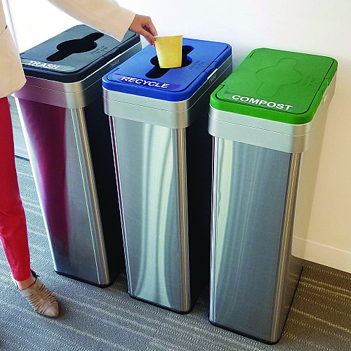 HLS Commercial Open Top Trash Can/Recycle Bin/Compost Bin w/Color-Coded Lids Set, 21 gal, Plastic/Stainless Steel, Silver/Black/Blue/Green (HLS21UOTTRIO)
