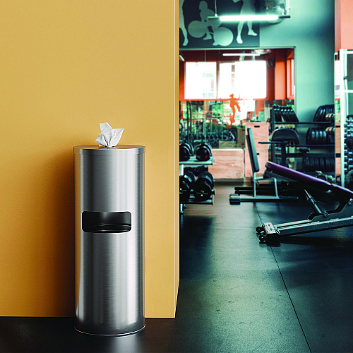 HLS Commercial Side-Entry Trash Can with Gym Wipe Dispenser, 9 gal, Stainless Steel, Silver (HLSC09WSR)