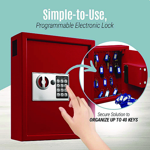 AdirOffice Steel Digital Lock Key Cabinet, 40-Key, 13 x 4 x 14.3, Stainless Steel 304, Red (I68040RED)