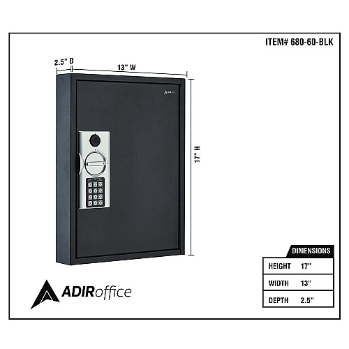 AdirOffice Steel Digital Lock Key Cabinet, 60-Key, 13 x 2.6 x 17, Stainless Steel 304, Black (I68060BLK)