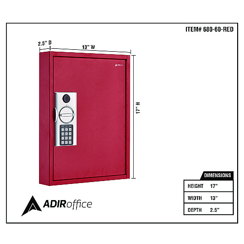 AdirOffice Steel Digital Lock Key Cabinet, 60-Key, 13 x 2.6 x 17, Stainless Steel 304, Red (I68060RED)